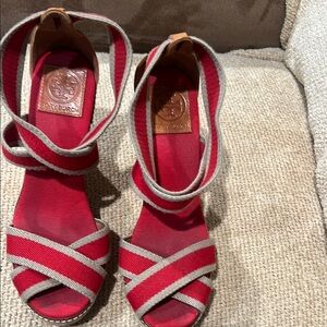Tory Burch Red and Tan Women's Wedge Sandals